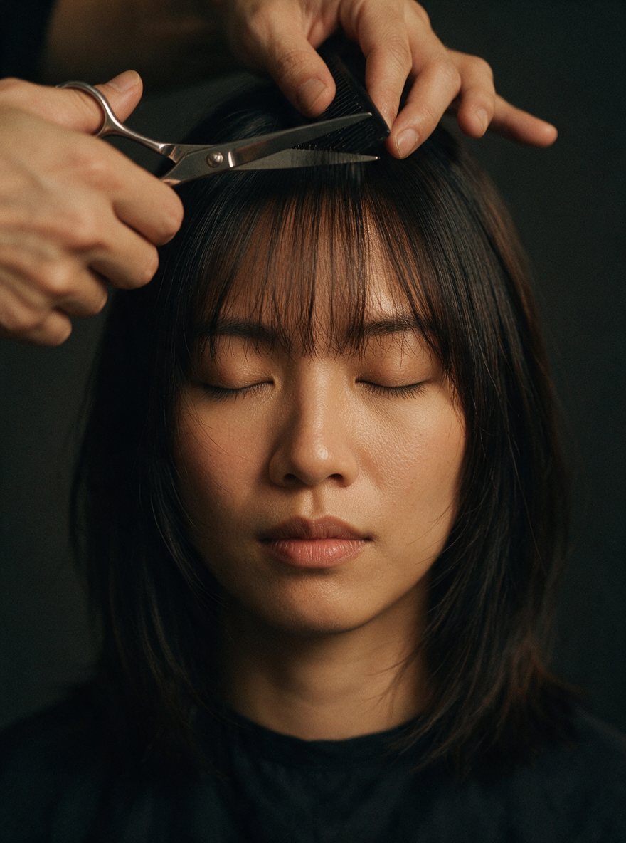 A stylist cutting soft curtain bangs with scissors and a comb