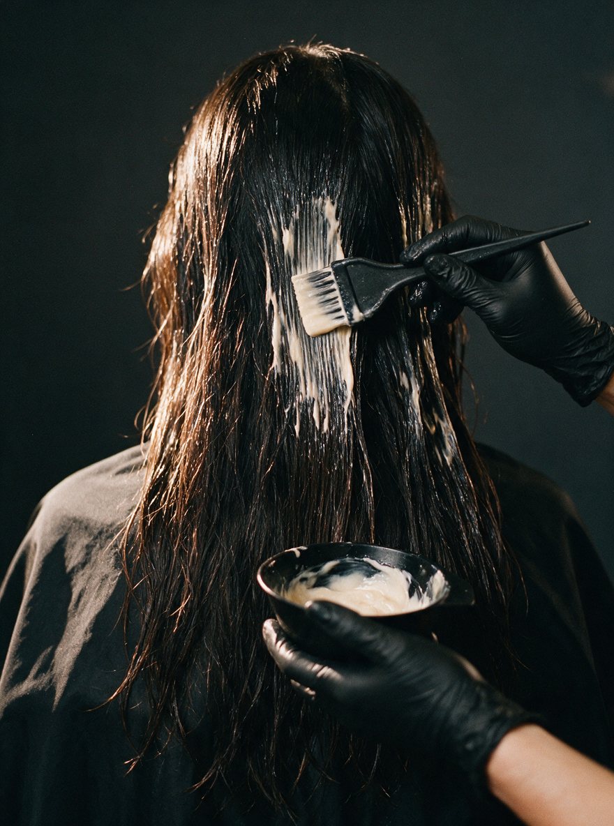 A stylist brushing a treatment mask through long dark hair