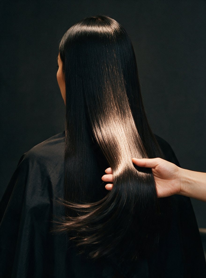 Long glossy black hair after smoothing, with movement kept at the ends