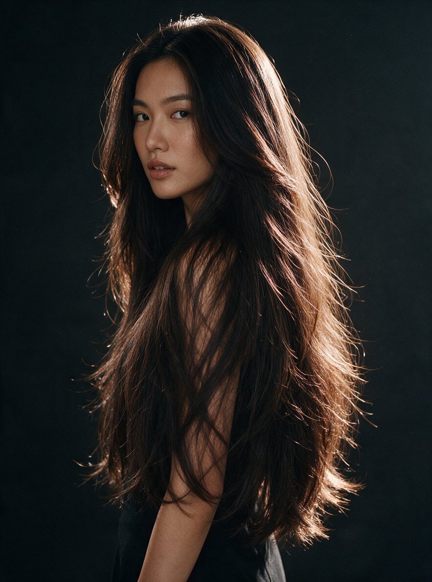 Long, full, layered dark hair with seamlessly blended extensions