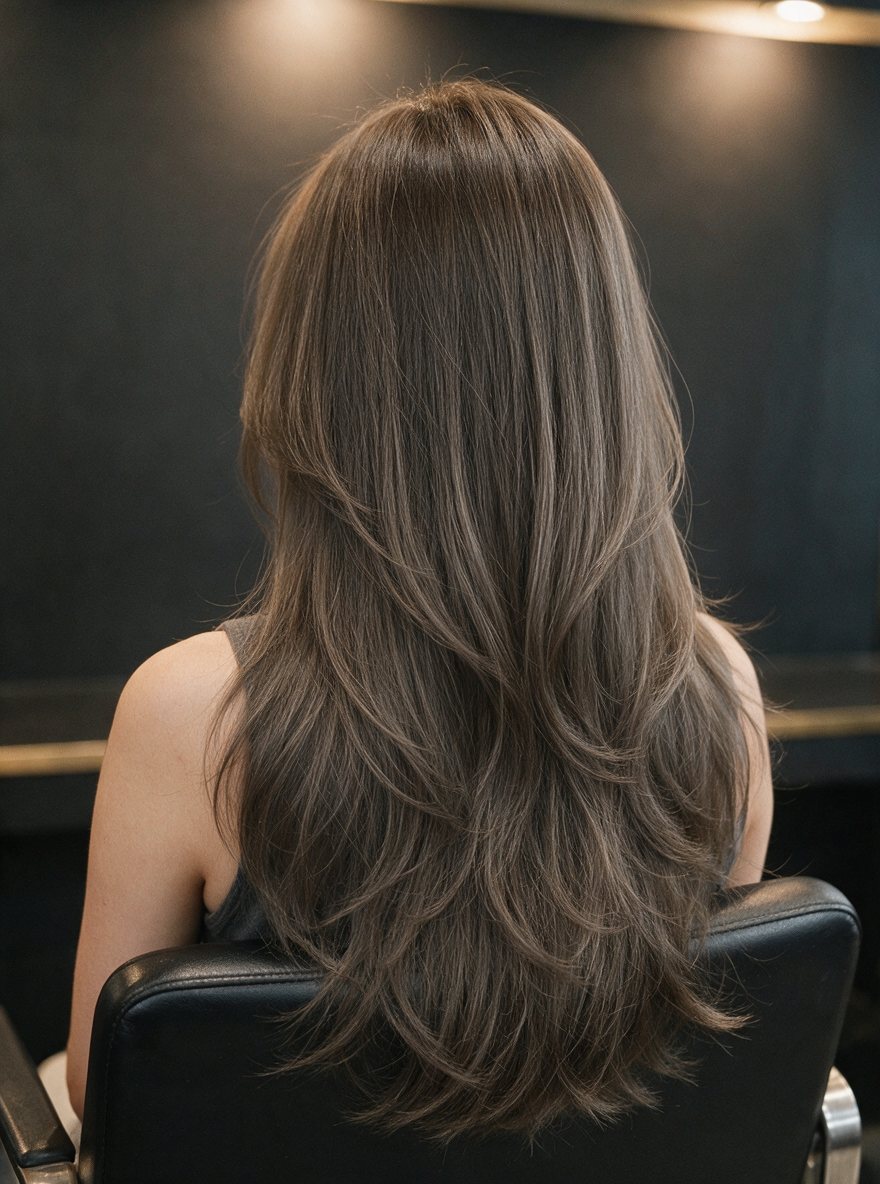 Long layered hair coloured cool ash brown, seen from behind in the salon chair