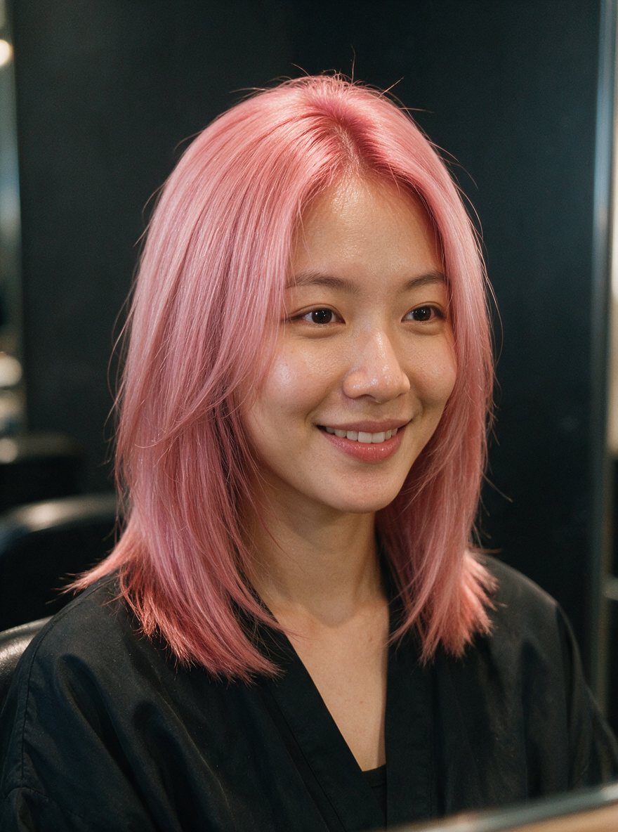 Shoulder-length hair coloured soft rose pink