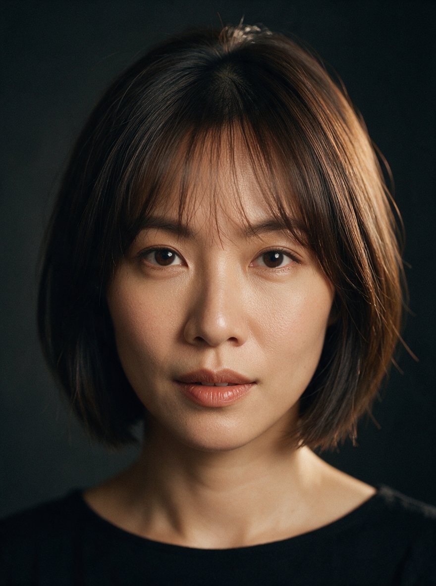 A sleek chin-length bob with soft curtain bangs