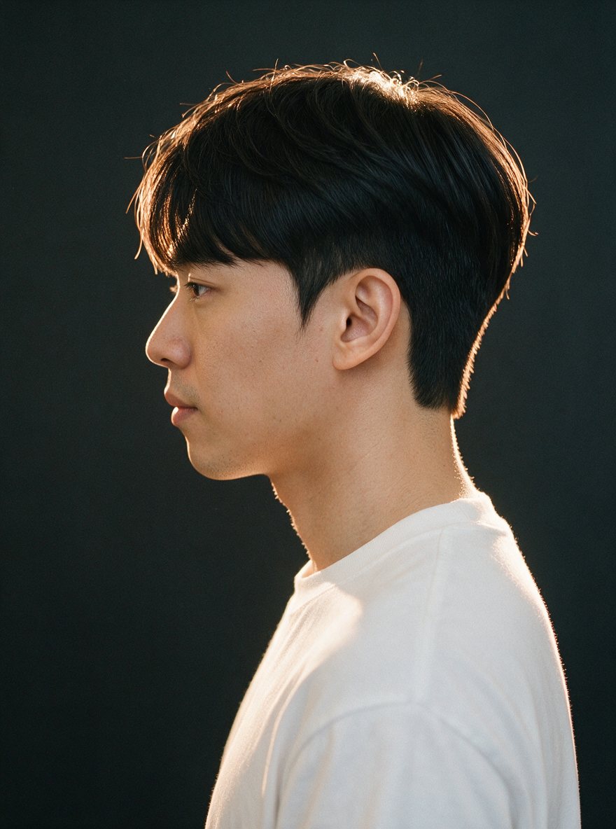 A man's Korean two-block haircut with a textured fringe