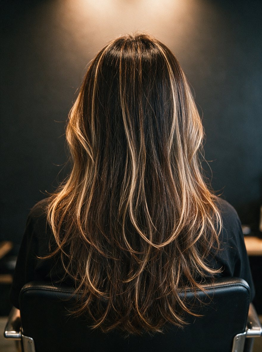 Dark brown hair with soft honey highlights
